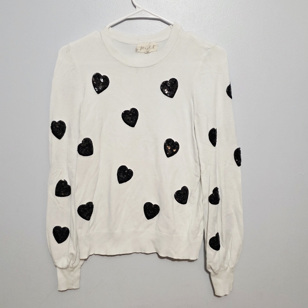 Marled White Sweater with Black Heart Accents Size Extra Small